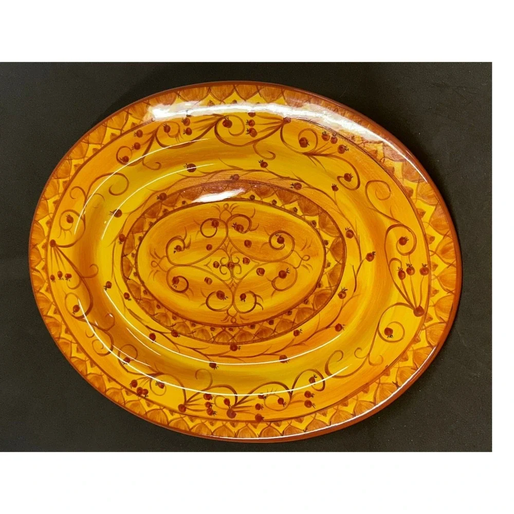 Pier 1 Karistan Hand Painted Earthenware Oval Serving Platter Yellow 16 Inch